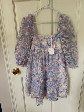 Storia Pastel Floral Textured Mini Dress - Blue, Pink, Purple
